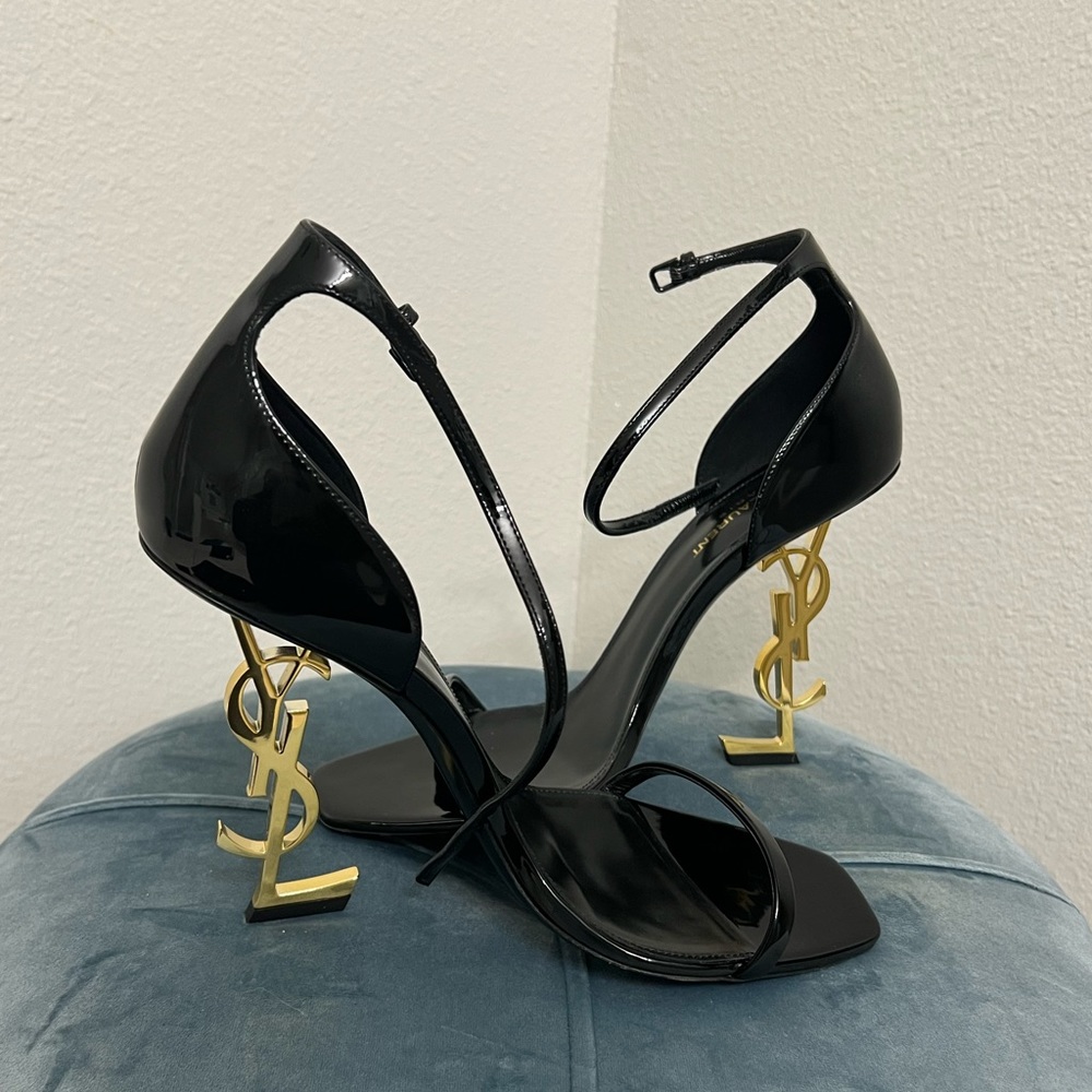 Saint Laurent Opyum Sandals in Patent Leather with Gold-tone Heel